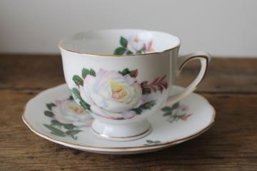 catalog photo of vintage tea cup & saucer Royal Vale bone china pink & white rose floral 