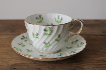 catalog photo of vintage tea cup & saucer set Aynsley English bone china, Scots thistle tiny floral pattern 