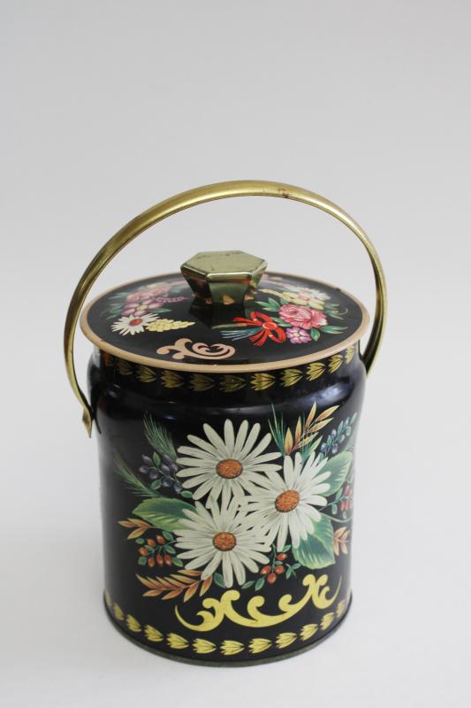 photo of vintage tea or biscuits tin w/ lunch bucket handle, daisies & flowers on black #1