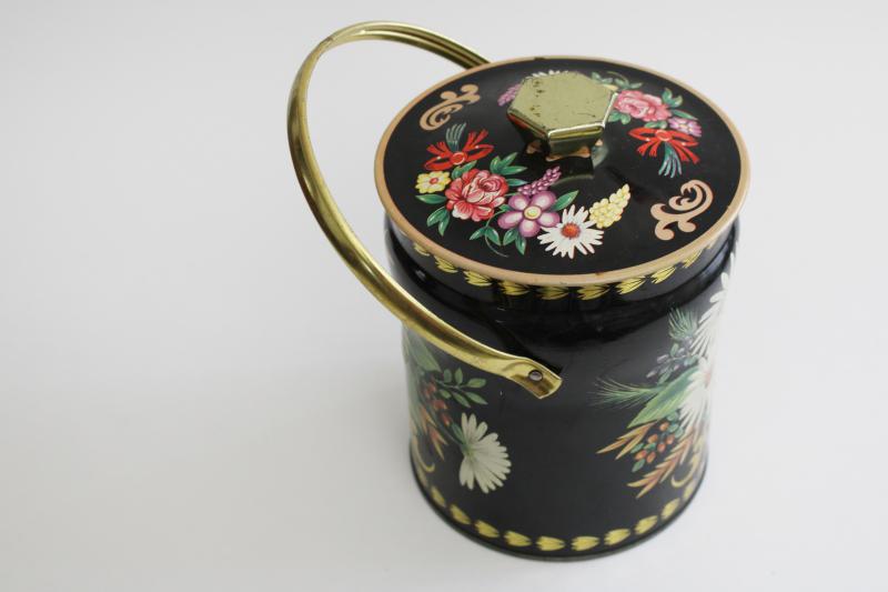 photo of vintage tea or biscuits tin w/ lunch bucket handle, daisies & flowers on black #2