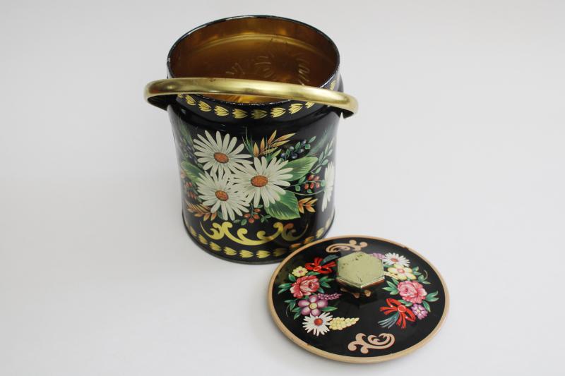 photo of vintage tea or biscuits tin w/ lunch bucket handle, daisies & flowers on black #8