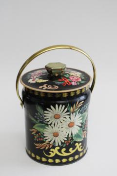 vintage tea or biscuits tin w/ lunch bucket handle, daisies & flowers on black