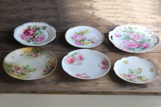 photo of vintage tea table china, mismatched old roses painted cake plates & serving trays  #1