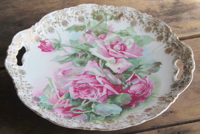 photo of vintage tea table china, mismatched old roses painted cake plates & serving trays  #9