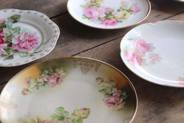 photo of vintage tea table china, mismatched old roses painted cake plates & serving trays  #15