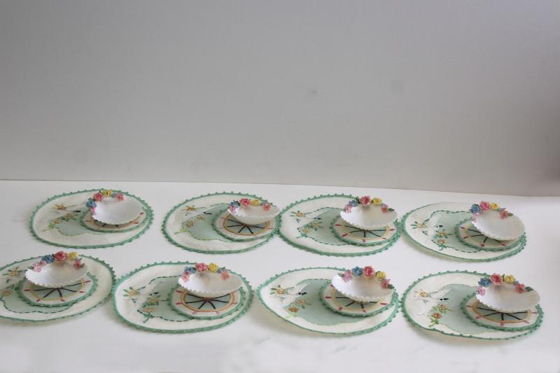 photo of vintage tea table party set, fancy seashell dishes & embroidered rounds coasters napkins #1
