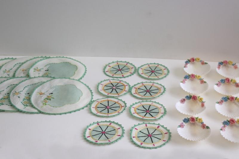 photo of vintage tea table party set, fancy seashell dishes & embroidered rounds coasters napkins #2