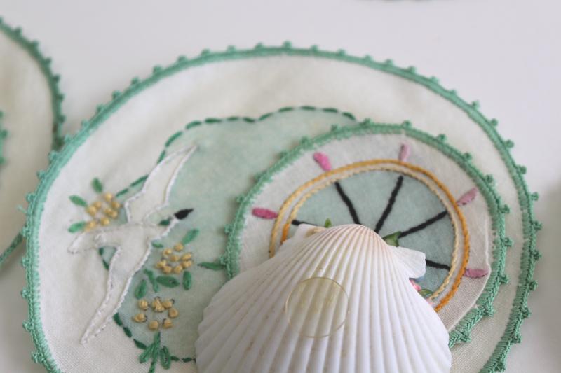 photo of vintage tea table party set, fancy seashell dishes & embroidered rounds coasters napkins #5