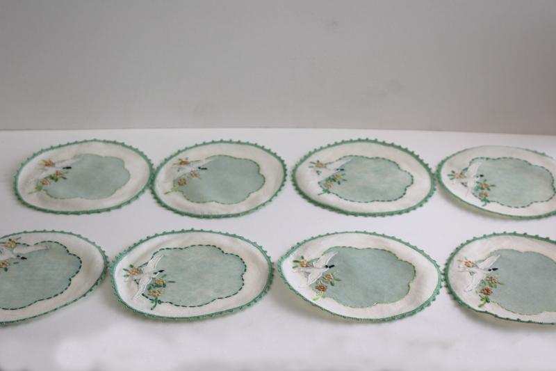 photo of vintage tea table party set, fancy seashell dishes & embroidered rounds coasters napkins #8