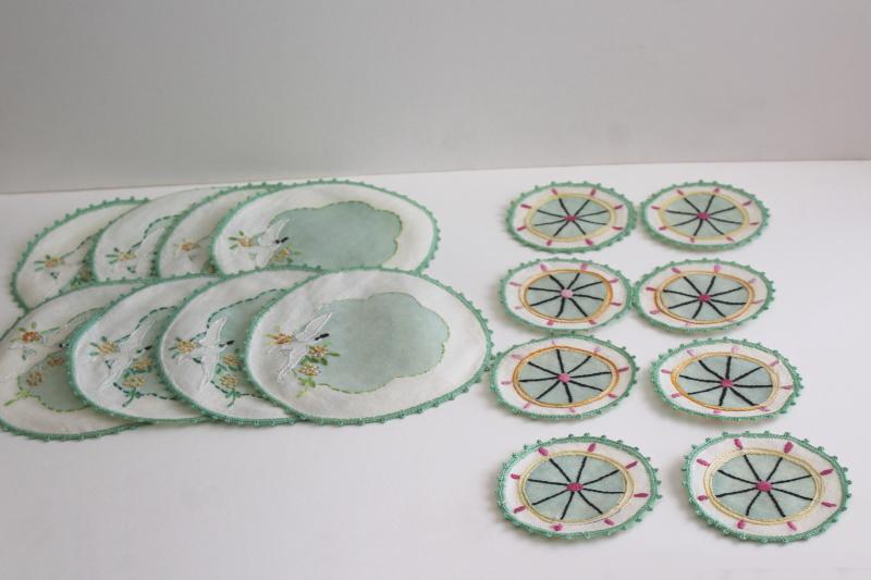 photo of vintage tea table party set, fancy seashell dishes & embroidered rounds coasters napkins #9