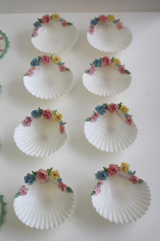 photo of vintage tea table party set, fancy seashell dishes & embroidered rounds coasters napkins #10