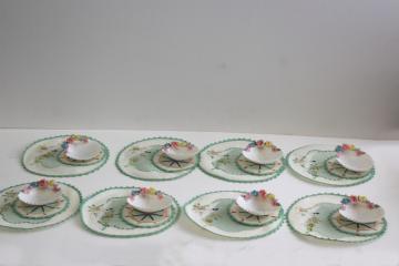 catalog photo of vintage tea table party set, fancy seashell dishes & embroidered rounds coasters napkins