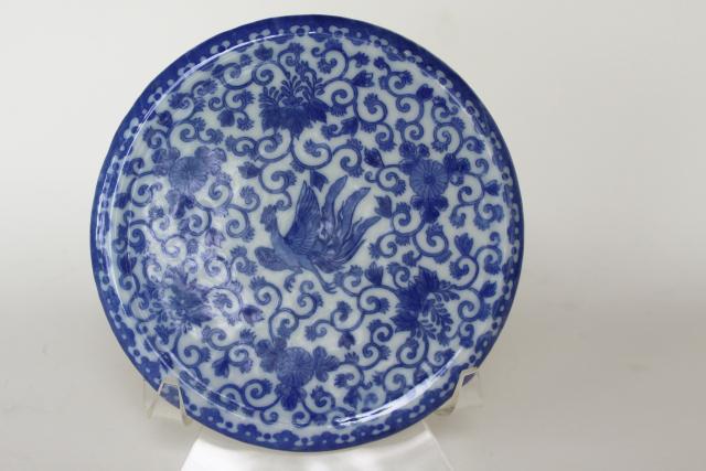 photo of vintage tea table trivet, blue & white phoenix ware round china plate for a tea kettle #1