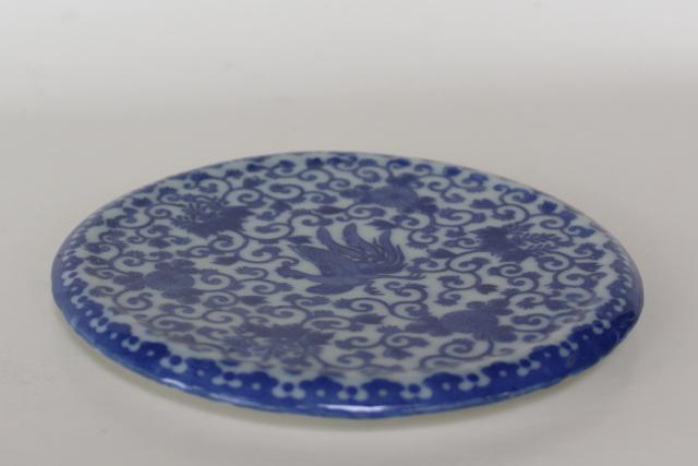 photo of vintage tea table trivet, blue & white phoenix ware round china plate for a tea kettle #2