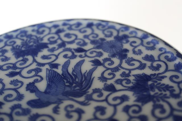 photo of vintage tea table trivet, blue & white phoenix ware round china plate for a tea kettle #3