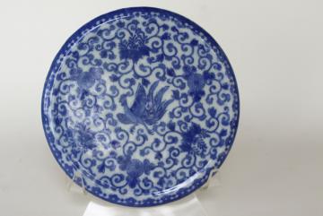 catalog photo of vintage tea table trivet, blue & white phoenix ware round china plate for a tea kettle