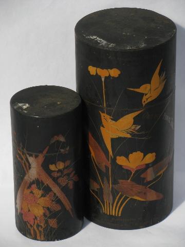 photo of vintage tea tin caddies, painted black w/ birds & flowers, antique chinoiserie #1