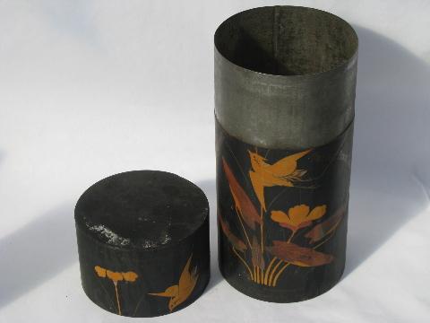 photo of vintage tea tin caddies, painted black w/ birds & flowers, antique chinoiserie #2