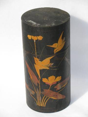 photo of vintage tea tin caddies, painted black w/ birds & flowers, antique chinoiserie #3