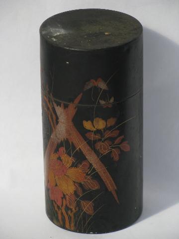 photo of vintage tea tin caddies, painted black w/ birds & flowers, antique chinoiserie #5