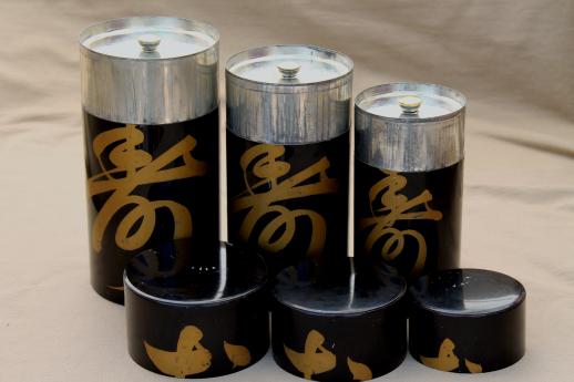 photo of vintage tea tin canister set, black japanned tole tins w/ gold painted Japanese characters #7