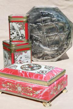 catalog photo of vintage tea tins & biscuit tin, red, black & silver metal tin canisters