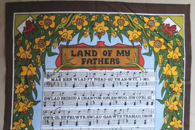 photo of vintage tea towel, Land of My Fathers Welsh anthem lyrics print, souvenir of Wales #2