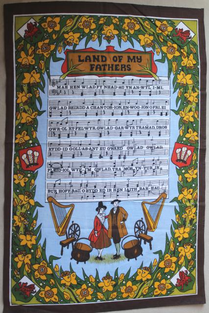 photo of vintage tea towel, Land of My Fathers Welsh anthem lyrics print, souvenir of Wales #3