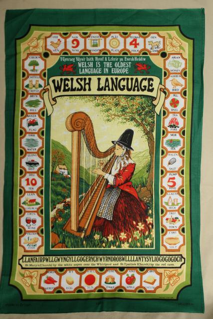 photo of vintage tea towel, common words in Welsh language print, souvenir of Wales #1