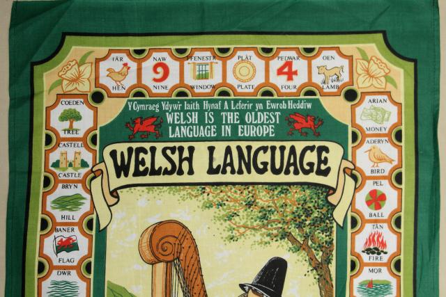 photo of vintage tea towel, common words in Welsh language print, souvenir of Wales #2