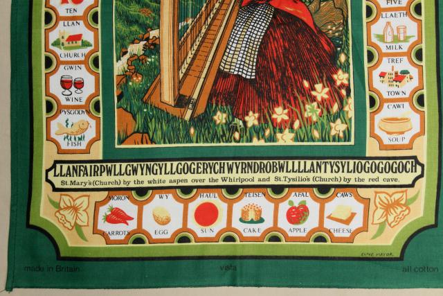 photo of vintage tea towel, common words in Welsh language print, souvenir of Wales #5