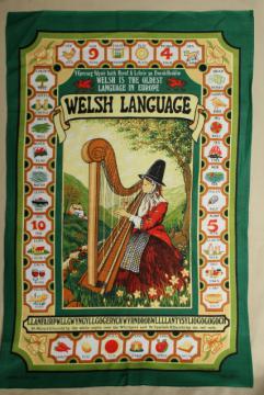 catalog photo of vintage tea towel, common words in Welsh language print, souvenir of Wales