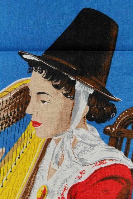 photo of vintage tea towel souvenir of Wales, Welsh folk costume lady w/ harp print #2