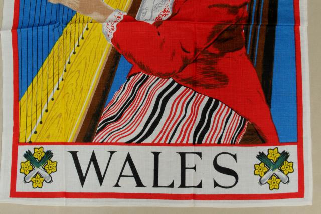 photo of vintage tea towel souvenir of Wales, Welsh folk costume lady w/ harp print #4