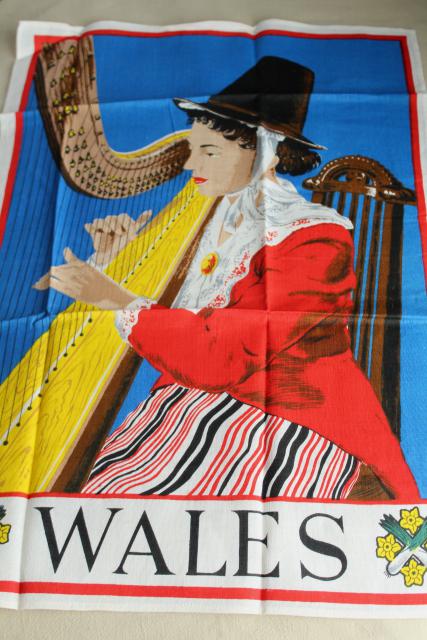 photo of vintage tea towel souvenir of Wales, Welsh folk costume lady w/ harp print #6