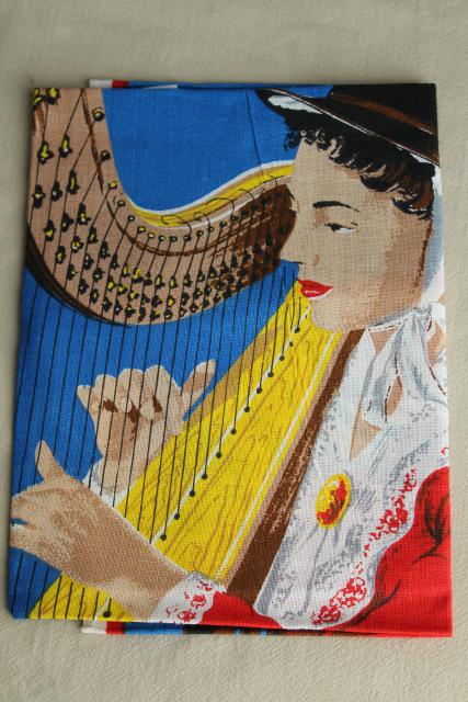 photo of vintage tea towel souvenir of Wales, Welsh folk costume lady w/ harp print #7