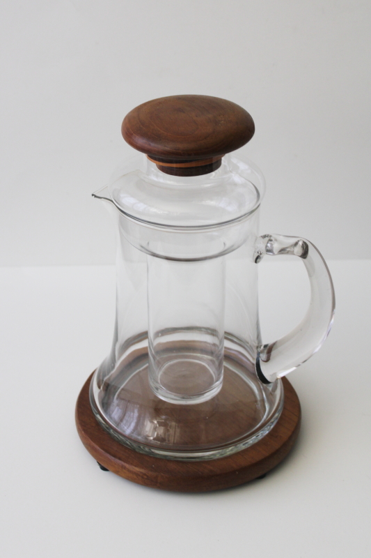 photo of vintage teak & glass ice water carafe set, minimalist modern for table or kitchen #1