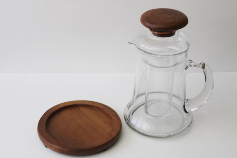 photo of vintage teak & glass ice water carafe set, minimalist modern for table or kitchen #2