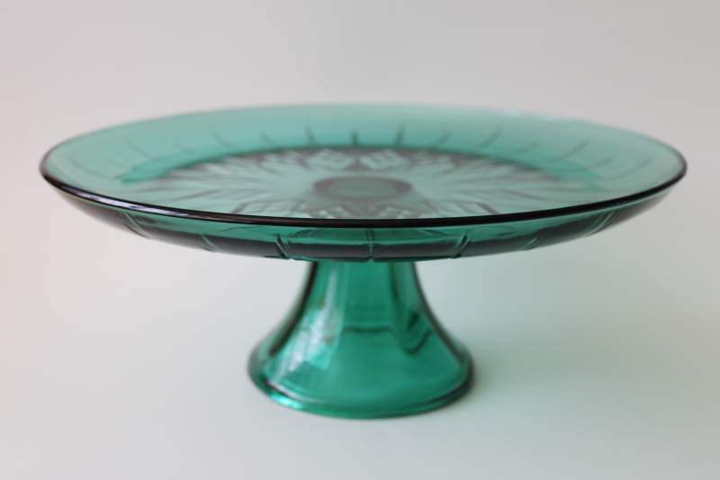 photo of vintage teal green glass cake plate, Canfield pattern Anchor Hocking cake stand #3