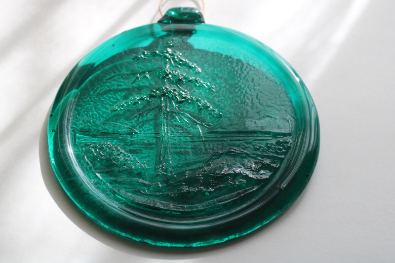 photo of vintage teal green glass suncatcher, lone pine tree wilderness nature scene  #2