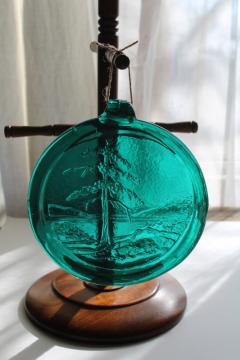 catalog photo of vintage teal green glass suncatcher, lone pine tree wilderness nature scene 
