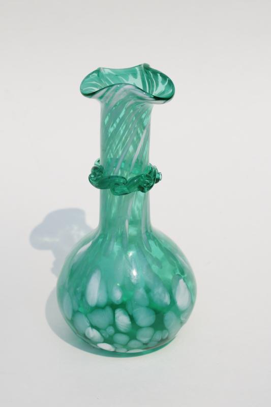 photo of vintage teal green spatter glass vase, mid-century Murano glass or Blenko? #1