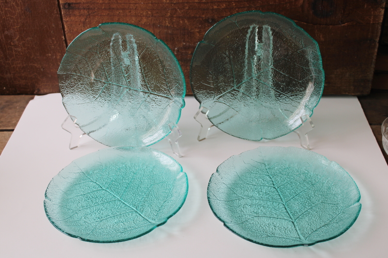 photo of vintage teal green turquoise aspen leaf shape glass plates, Arcoroc France glassware #1