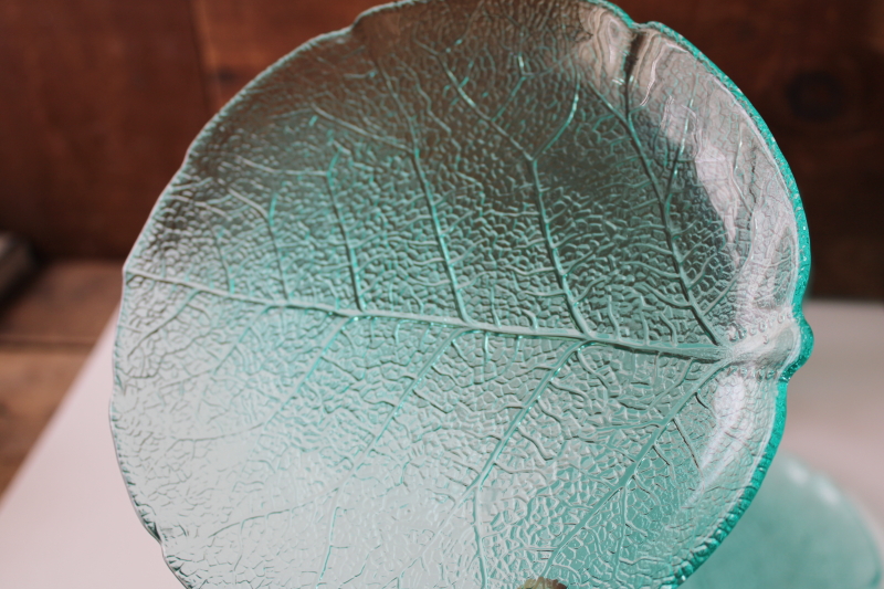 photo of vintage teal green turquoise aspen leaf shape glass plates, Arcoroc France glassware #2