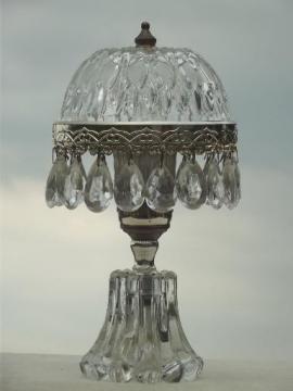 catalog photo of vintage teardrop prisms boudoir lamp w/ pressed glass mushroom dome shade