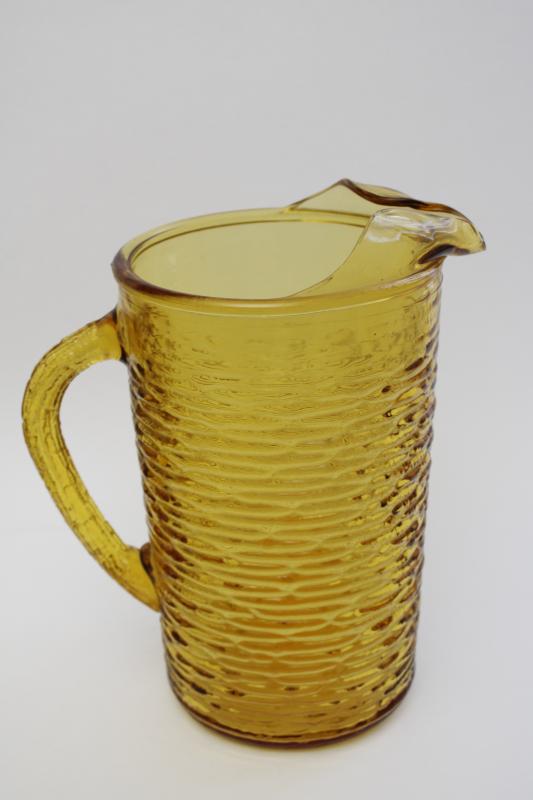 photo of vintage textured glass pitcher, retro honey gold amber glass, Anchor Hocking Soreno #1