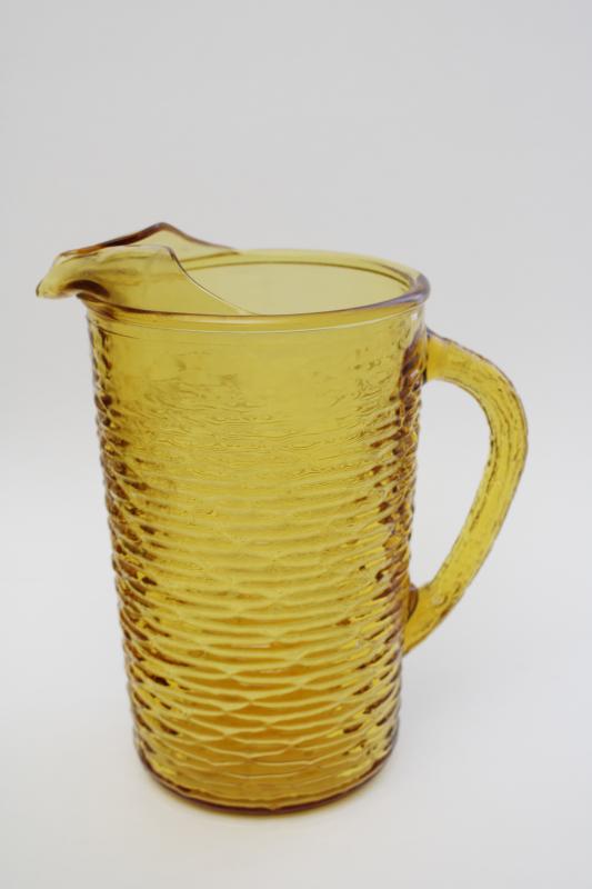 photo of vintage textured glass pitcher, retro honey gold amber glass, Anchor Hocking Soreno #4