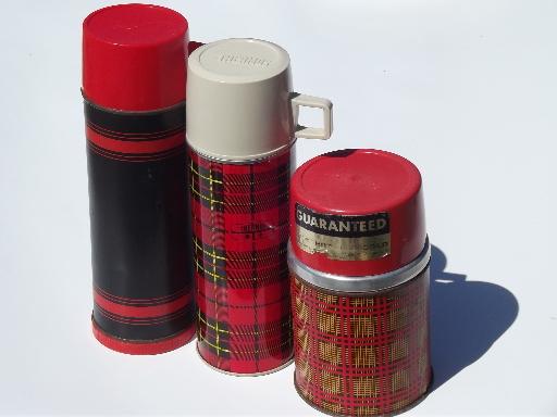 photo of vintage thermos bottles for lunch or picnics, red tartanware plaid #1