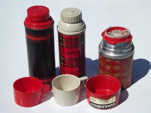 photo of vintage thermos bottles for lunch or picnics, red tartanware plaid #2