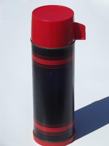 photo of vintage thermos bottles for lunch or picnics, red tartanware plaid #4